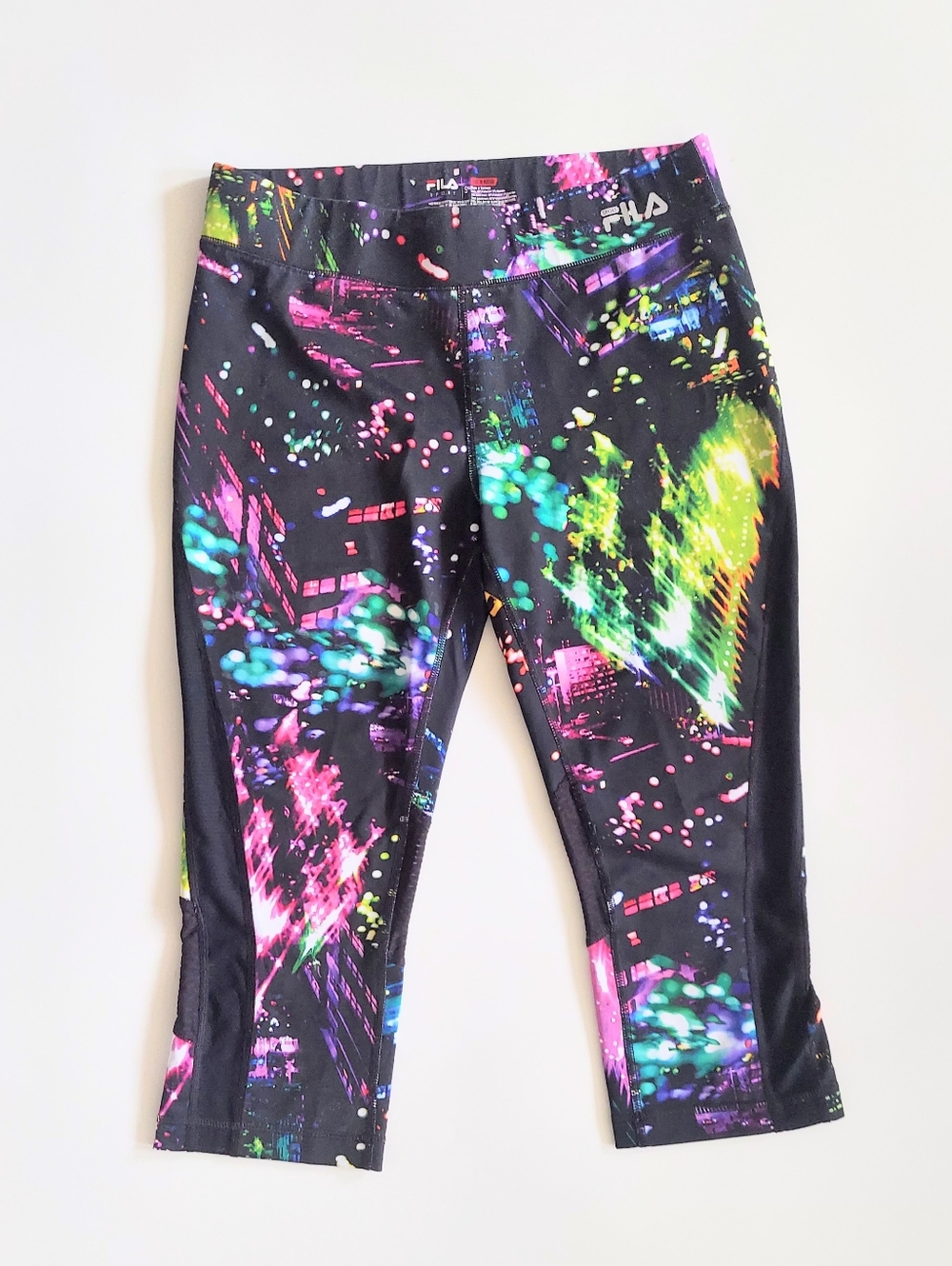 Fila Sport Womens Athletic 3/4 Length Cropped Leggings Sz XS Black Color Splash